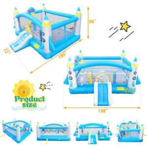 Inflatable bounce house and slide water park for kids.