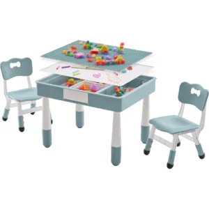 4 in 1 Table and Chair Set,  with doodle and Building Block Tabletop