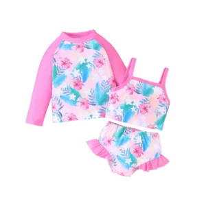 Girls 3-Piece Swimsuit Mermaid Print Camisole Ruffled Shorts