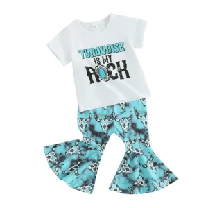 Toddler Girl 2 Piece Set with Ruffle Sleeve Top and Floral Print Bell Bottoms
