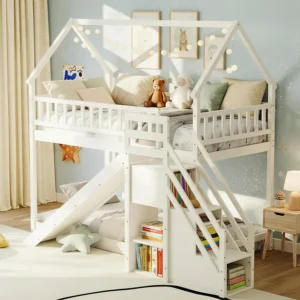 Wood Twin Over Twin Bunk Bed with Slide & Staircase
