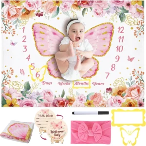Butterfly Floral Baby Blanket with Wooden Signs and Headband for Newborn Photography