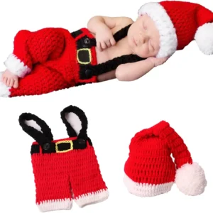 Hand-Knit Newborn Christmas Photo Set - Santa Hat & Overalls
