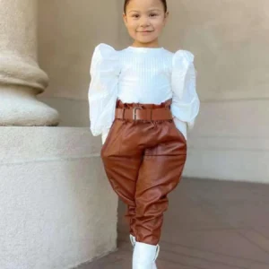 Girls Fall/Winter Casual Outfit Set - Long Sleeve Ruffled Blouse + Brown Belted Pants + White Ankle Boots