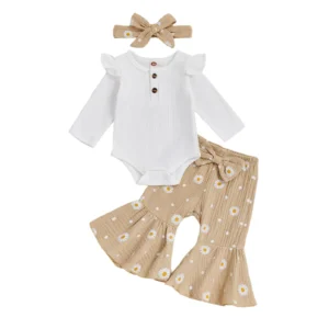 Baby Girls Long Sleeve Romper with Floral Flare Pants and Headband