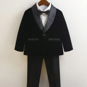 Boys Velvet Tuxedo Set: Colored Jacket, Black Pants and Bow Tie for Formal Events