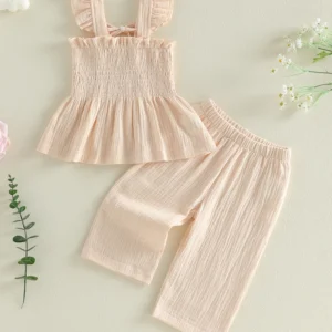2Pcs Toddler Girl Summer Outfits Fly Sleeve Smocked Tank Tops