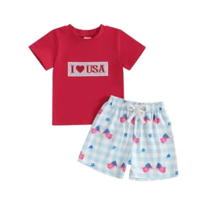 Toddler Boys Flag Print T-Shirt and Elastic Waist Star Striped Shorts Set