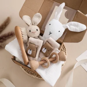Baby 7PCS Newborn Bath Gift Box Wooden Crochet Rattle, Brush, Bracelet and Towel