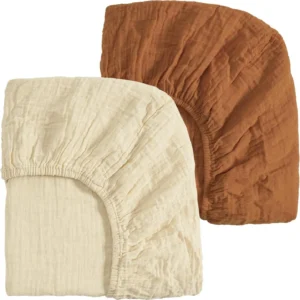 2-Pack Muslin Cotton Mini Crib Sheets for Pack N Play Mattresses in Beige and Brown