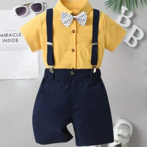 Yellow Shirt with Polka Dot Bow Tie, Navy Suspender Shorts