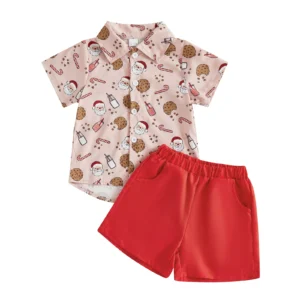 2Pcs Baby Boy Santa Cookie Print Short Set