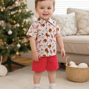 2Pcs Baby Boy Santa Cookie Print Shorts Set